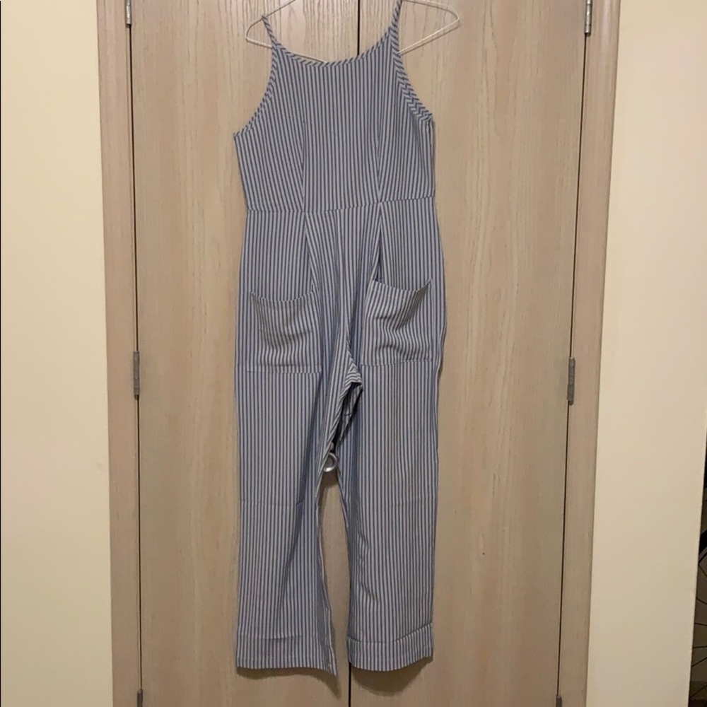 Blue and white striped jumpsuit